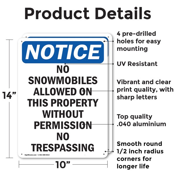 No Snowmobiles Allowed On This OSHA Notice Sign, Aluminum, 10in W X 14in L, 2PK